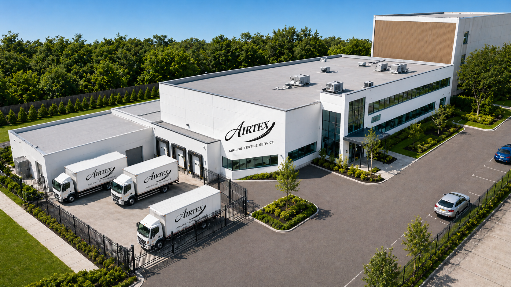 Aerial view of the Airtex airline textile service facility at Heathrow, with branded delivery trucks at the loading bays